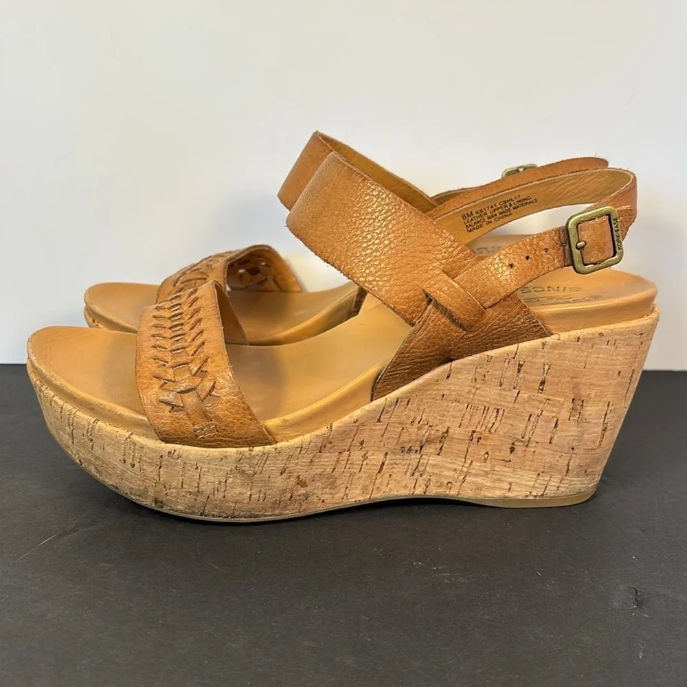 Kork-Ease Brown Leather Wedge Sandals Sz 8M Cork Platform Strappy Boho Comfort
